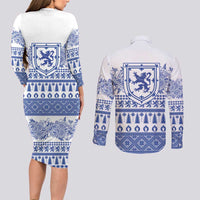 Scottish Christmas Couples Matching Long Sleeve Bodycon Dress and Long Sleeve Button Shirt Scotland Thistle and Celtic Knot White-Blue Color - Wonder Print Shop