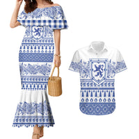Scottish Christmas Couples Matching Mermaid Dress and Hawaiian Shirt Scotland Thistle and Celtic Knot White-Blue Color - Wonder Print Shop
