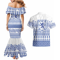 Scottish Christmas Couples Matching Mermaid Dress and Hawaiian Shirt Scotland Thistle and Celtic Knot White-Blue Color - Wonder Print Shop