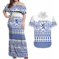 Scottish Christmas Couples Matching Off Shoulder Maxi Dress and Hawaiian Shirt Scotland Thistle and Celtic Knot White-Blue Color - Wonder Print Shop