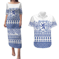 Scottish Christmas Couples Matching Puletasi and Hawaiian Shirt Scotland Thistle and Celtic Knot White-Blue Color - Wonder Print Shop