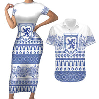 Scottish Christmas Couples Matching Short Sleeve Bodycon Dress and Hawaiian Shirt Scotland Thistle and Celtic Knot White-Blue Color - Wonder Print Shop