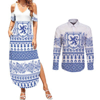 Scottish Christmas Couples Matching Summer Maxi Dress and Long Sleeve Button Shirt Scotland Thistle and Celtic Knot White-Blue Color - Wonder Print Shop