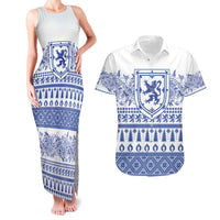 Scottish Christmas Couples Matching Tank Maxi Dress and Hawaiian Shirt Scotland Thistle and Celtic Knot White-Blue Color - Wonder Print Shop