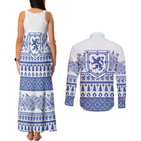 Scottish Christmas Couples Matching Tank Maxi Dress and Long Sleeve Button Shirt Scotland Thistle and Celtic Knot White-Blue Color - Wonder Print Shop