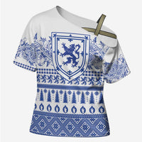 Scottish Christmas Cross Shoulder Shirt Scotland Thistle and Celtic Knot White-Blue Color - Wonder Print Shop