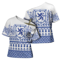 Scottish Christmas Cross Shoulder Shirt Scotland Thistle and Celtic Knot White-Blue Color - Wonder Print Shop