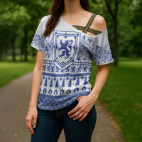 Scottish Christmas Cross Shoulder Shirt Scotland Thistle and Celtic Knot White-Blue Color - Wonder Print Shop