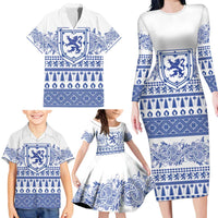 Scottish Christmas Family Matching Long Sleeve Bodycon Dress and Hawaiian Shirt Scotland Thistle and Celtic Knot White-Blue Color - Wonder Print Shop