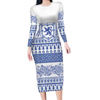 Scottish Christmas Family Matching Long Sleeve Bodycon Dress and Hawaiian Shirt Scotland Thistle and Celtic Knot White-Blue Color - Wonder Print Shop