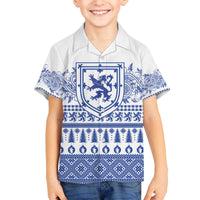 Scottish Christmas Family Matching Off The Shoulder Long Sleeve Dress and Hawaiian Shirt Scotland Thistle and Celtic Knot White-Blue Color - Wonder Print Shop
