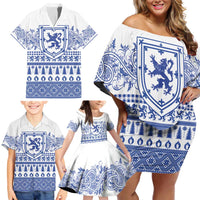 Scottish Christmas Family Matching Off Shoulder Short Dress and Hawaiian Shirt Scotland Thistle and Celtic Knot White-Blue Color - Wonder Print Shop