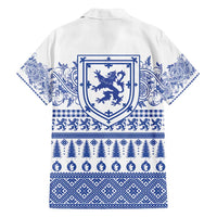 Scottish Christmas Family Matching Off Shoulder Short Dress and Hawaiian Shirt Scotland Thistle and Celtic Knot White-Blue Color - Wonder Print Shop
