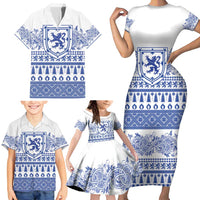 Scottish Christmas Family Matching Short Sleeve Bodycon Dress and Hawaiian Shirt Scotland Thistle and Celtic Knot White-Blue Color - Wonder Print Shop