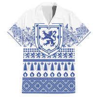 Scottish Christmas Family Matching Short Sleeve Bodycon Dress and Hawaiian Shirt Scotland Thistle and Celtic Knot White-Blue Color - Wonder Print Shop