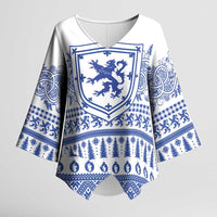 Scottish Christmas Kimono Sleeve Blouse Scotland Thistle and Celtic Knot White-Blue Color - Wonder Print Shop