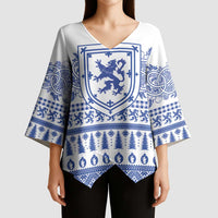 Scottish Christmas Kimono Sleeve Blouse Scotland Thistle and Celtic Knot White-Blue Color - Wonder Print Shop