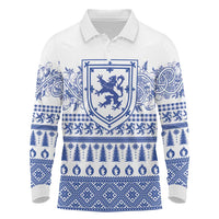 Scottish Christmas Long Sleeve Polo Shirt Scotland Thistle and Celtic Knot White-Blue Color - Wonder Print Shop