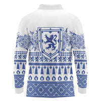 Scottish Christmas Long Sleeve Polo Shirt Scotland Thistle and Celtic Knot White-Blue Color - Wonder Print Shop