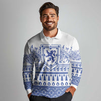 Scottish Christmas Long Sleeve Polo Shirt Scotland Thistle and Celtic Knot White-Blue Color - Wonder Print Shop