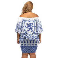 Scottish Christmas Off Shoulder Short Dress Scotland Thistle and Celtic Knot White-Blue Color - Wonder Print Shop