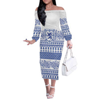 Scottish Christmas Off The Shoulder Long Sleeve Dress Scotland Thistle and Celtic Knot White-Blue Color - Wonder Print Shop