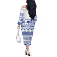 Scottish Christmas Off The Shoulder Long Sleeve Dress Scotland Thistle and Celtic Knot White-Blue Color - Wonder Print Shop