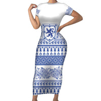 Scottish Christmas Short Sleeve Bodycon Dress Scotland Thistle and Celtic Knot White-Blue Color - Wonder Print Shop