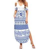 Scottish Christmas Summer Maxi Dress Scotland Thistle and Celtic Knot White-Blue Color - Wonder Print Shop
