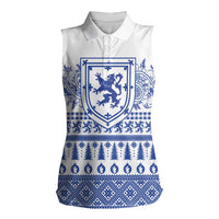 Scottish Christmas Women Sleeveless Polo Shirt Scotland Thistle and Celtic Knot White-Blue Color - Wonder Print Shop