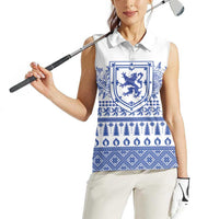 Scottish Christmas Women Sleeveless Polo Shirt Scotland Thistle and Celtic Knot White-Blue Color - Wonder Print Shop