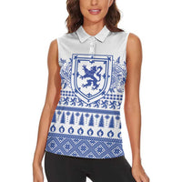 Scottish Christmas Women Sleeveless Polo Shirt Scotland Thistle and Celtic Knot White-Blue Color - Wonder Print Shop