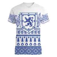Scottish Christmas Women V-Neck T-Shirt Scotland Thistle and Celtic Knot White-Blue Color - Wonder Print Shop