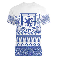 Scottish Christmas Women V-Neck T-Shirt Scotland Thistle and Celtic Knot White-Blue Color - Wonder Print Shop