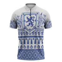 Scottish Christmas Zipper Polo Shirt Scotland Thistle and Celtic Knot White-Blue Color - Wonder Print Shop