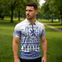 Scottish Christmas Zipper Polo Shirt Scotland Thistle and Celtic Knot White-Blue Color - Wonder Print Shop