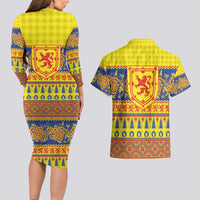 Scottish Christmas Couples Matching Long Sleeve Bodycon Dress and Hawaiian Shirt Scotland Thistle and Celtic Knot Yellow-Red Color - Wonder Print Shop