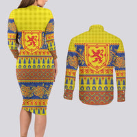 Scottish Christmas Couples Matching Long Sleeve Bodycon Dress and Long Sleeve Button Shirt Scotland Thistle and Celtic Knot Yellow-Red Color - Wonder Print Shop