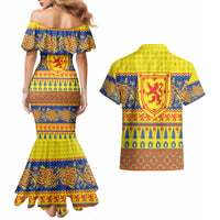 Scottish Christmas Couples Matching Mermaid Dress and Hawaiian Shirt Scotland Thistle and Celtic Knot Yellow-Red Color - Wonder Print Shop