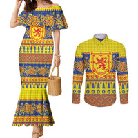 Scottish Christmas Couples Matching Mermaid Dress and Long Sleeve Button Shirt Scotland Thistle and Celtic Knot Yellow-Red Color - Wonder Print Shop