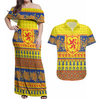 Scottish Christmas Couples Matching Off Shoulder Maxi Dress and Hawaiian Shirt Scotland Thistle and Celtic Knot Yellow-Red Color - Wonder Print Shop