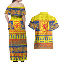 Scottish Christmas Couples Matching Off Shoulder Maxi Dress and Hawaiian Shirt Scotland Thistle and Celtic Knot Yellow-Red Color - Wonder Print Shop