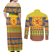 Scottish Christmas Couples Matching Off Shoulder Maxi Dress and Long Sleeve Button Shirt Scotland Thistle and Celtic Knot Yellow-Red Color - Wonder Print Shop
