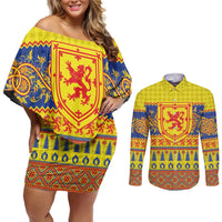 Scottish Christmas Couples Matching Off Shoulder Short Dress and Long Sleeve Button Shirt Scotland Thistle and Celtic Knot Yellow-Red Color - Wonder Print Shop