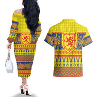Scottish Christmas Couples Matching Off The Shoulder Long Sleeve Dress and Hawaiian Shirt Scotland Thistle and Celtic Knot Yellow-Red Color - Wonder Print Shop