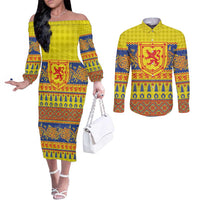 Scottish Christmas Couples Matching Off The Shoulder Long Sleeve Dress and Long Sleeve Button Shirt Scotland Thistle and Celtic Knot Yellow-Red Color - Wonder Print Shop