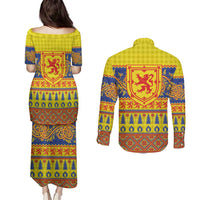 Scottish Christmas Couples Matching Puletasi and Long Sleeve Button Shirt Scotland Thistle and Celtic Knot Yellow-Red Color - Wonder Print Shop