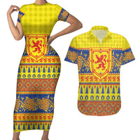 Scottish Christmas Couples Matching Short Sleeve Bodycon Dress and Hawaiian Shirt Scotland Thistle and Celtic Knot Yellow-Red Color - Wonder Print Shop
