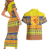 Scottish Christmas Couples Matching Short Sleeve Bodycon Dress and Hawaiian Shirt Scotland Thistle and Celtic Knot Yellow-Red Color - Wonder Print Shop