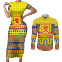 Scottish Christmas Couples Matching Short Sleeve Bodycon Dress and Long Sleeve Button Shirt Scotland Thistle and Celtic Knot Yellow-Red Color - Wonder Print Shop